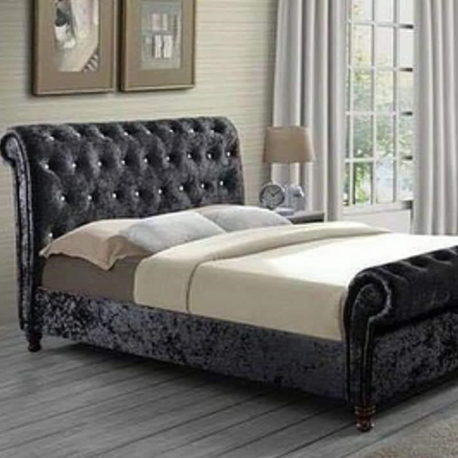 Reece And Swan Chesterfield Sleigh Bed Single 3ft Crushed Velvet Optional Mattress 
