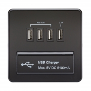 Knightsbridge Screwless Flatplate Matt Black Switches & Sockets Black Rockers Quad USB Charger Outlet SFQUADMB – Masterlec