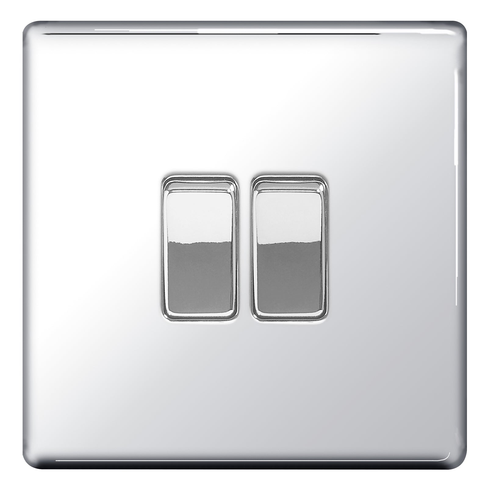 BG Nexus Screwless Flat Plate Polished Chrome Switches and Sockets Grey Inserts Full Range Double Light Switch FPC42 – Masterlec