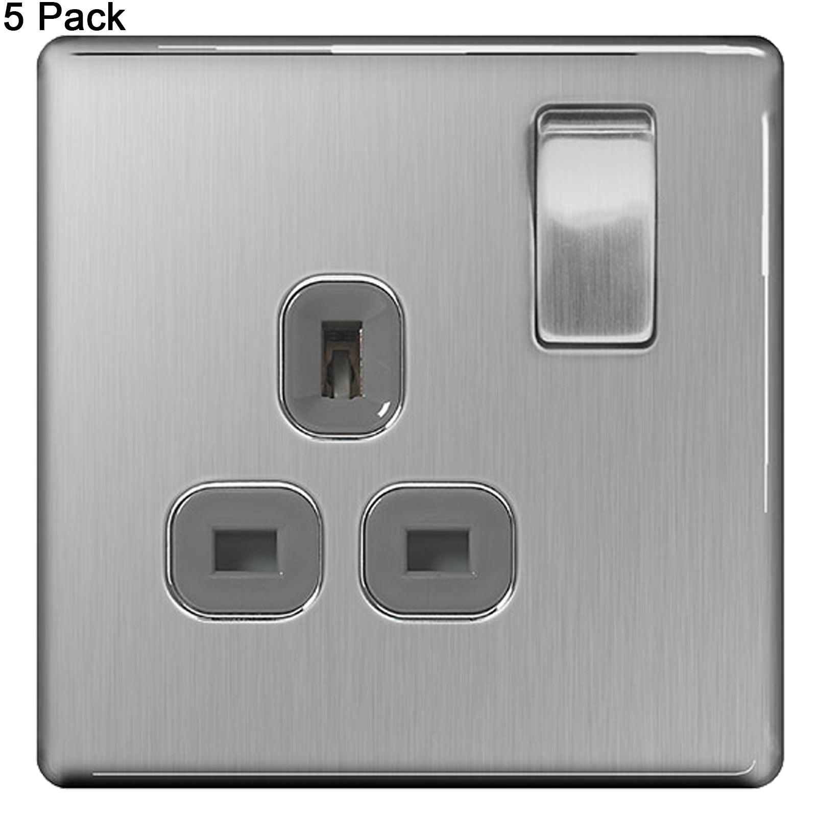 BG Nexus Screwless Flat Plate Brushed Steel (Pack of 5) Single Socket FBS21G Grey Insert 13Amp – Masterlec