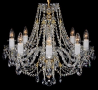 Eight light brass and crystal chandelier