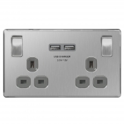 BG Nexus Screwless Flat Plate Brushed Steel Double Socket with USB Ports FBS22U3G Grey Inserts 13Amp – Masterlec