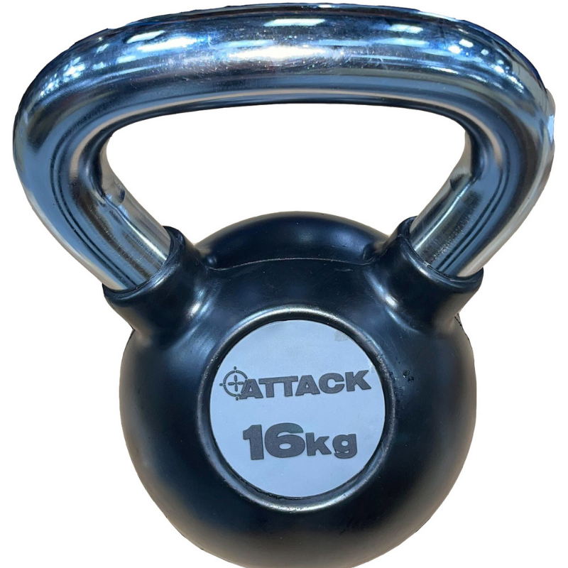 Attack Fitness Chrome Handle Rubber Kettlebell 16kg – Black – Peak Health & Fitness