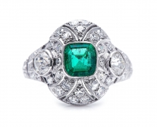 Antique Art Deco, Platinum, Colombian Emerald and Diamond Cluster Ring – Vintage Ring – Antique Ring Boutique