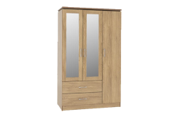 Charles 3 Door 2 Drawer Mirrored Wardrobe – Oak Effect Veneer With Walnut Trim – Furnishop