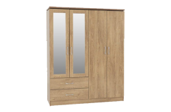 Charles 4 Door 2 Drawer Mirrored Wardrobe – Oak Effect Veneer With Walnut Trim – Furnishop