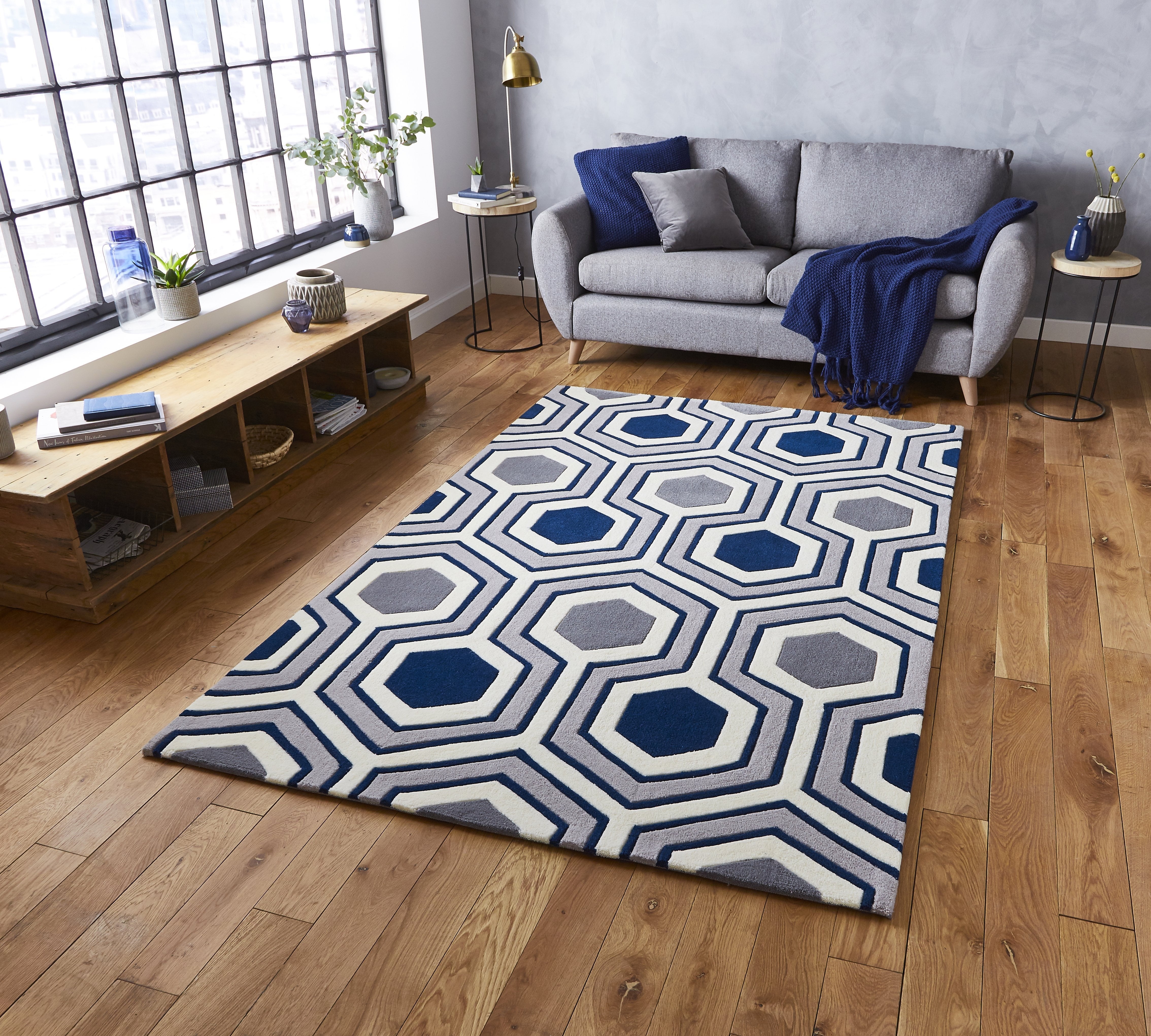 Think Rugs – Hong Kong 3661 Grey/Navy 120 x 170cm / Grey/Blue – The Rug Quarter