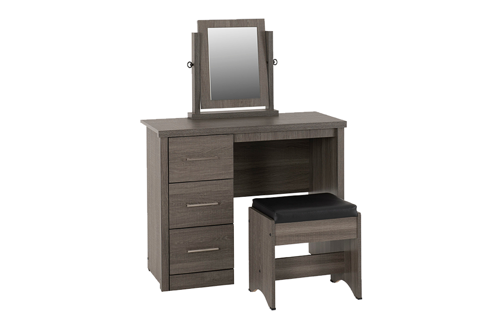 Lisbon 3 Piece Dressing Table Set With Mirror – Black Wood Grain/Black Faux Leather – Furnishop