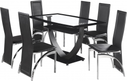 Hanley Dining Set – Clear Glass/Black Border/Black Glass/Black/Chrome/Black Faux Leather – Furnishop