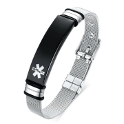 Milan Stainless Steel Medical Alert Bracelet Silver Strap Black Face – Personalised Medical