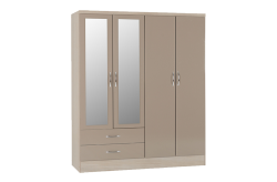 Nevada 4 Door 2 Drawer Mirrored Wardrobe – Oyster Gloss/Light Oak Effect Veneer – Furnishop