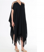 Cali Pima Cotton Beach Kaftan Black – One Size – Poncho – Handmade Tassels – Drop Shoulder – Aessai