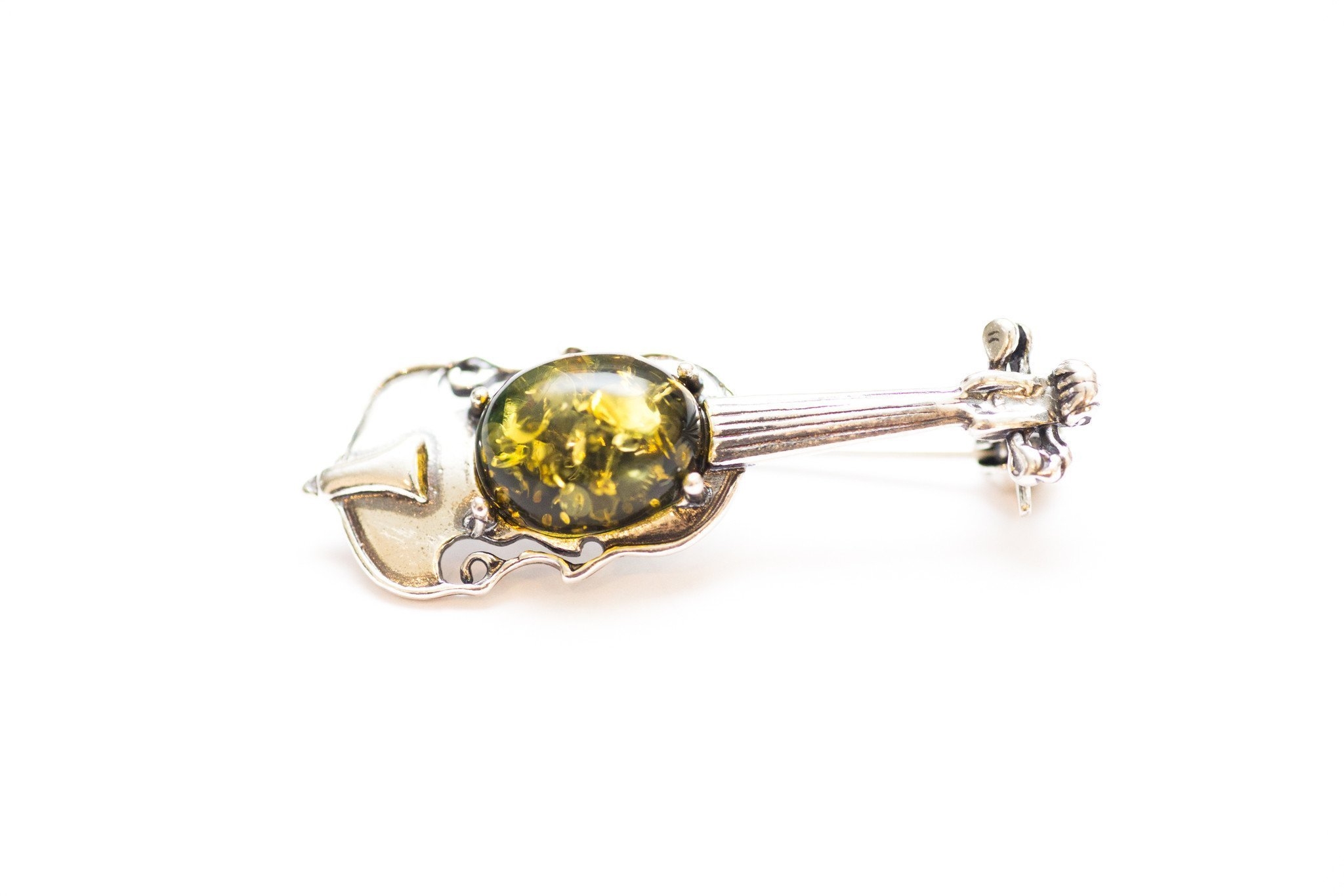 Silver & Green Amber Violin Brooch