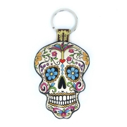 Leather Sugar Skull Key Chain / Key Ring – Flowers – Cream