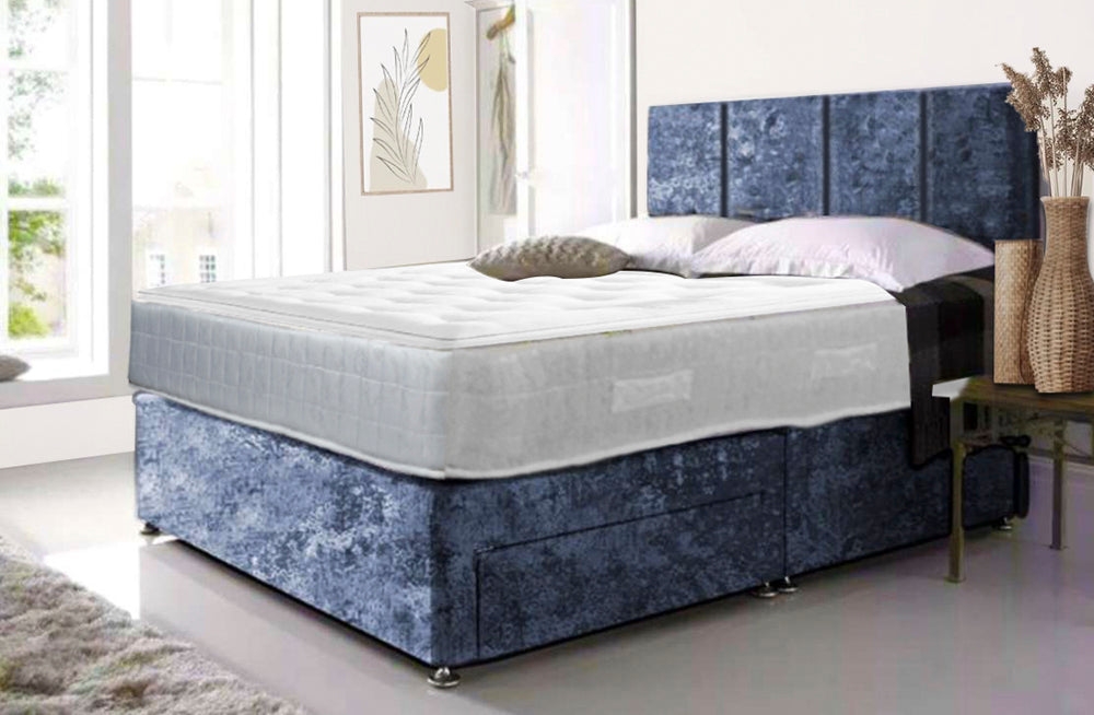 Gun Grey Crushed Velvet Divan Bed With 4 Panel Headboard And Free Tinsel Top Mattress – Furnishop