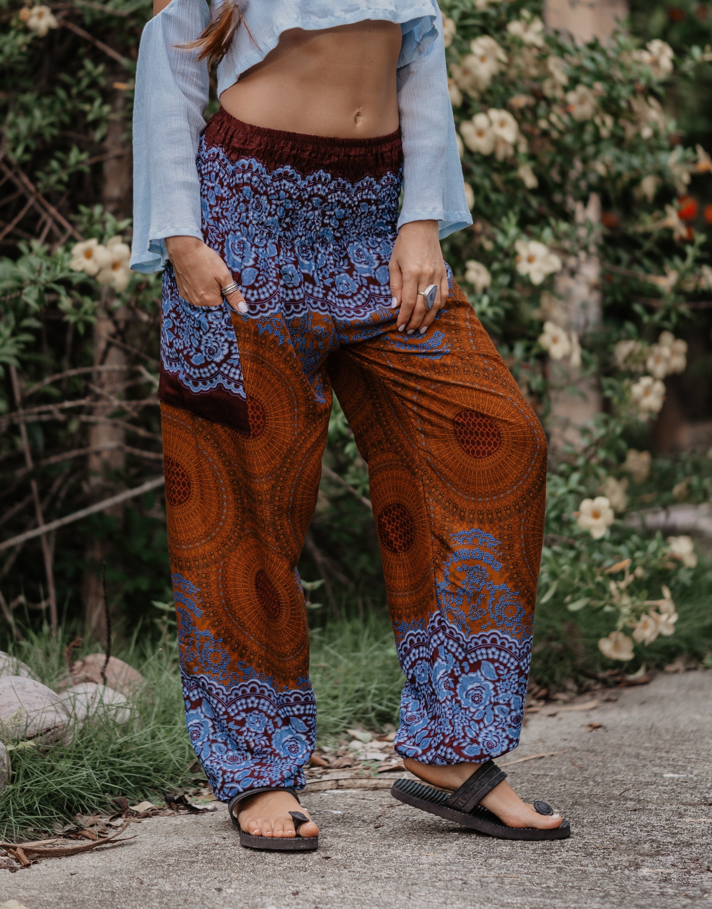 Harem Pants - Mandala Print with Pink Flower Pattern - Turquoise