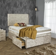 Rosette Golden Crushed Velvet Divan Bed – Champagne – Single, Small Double, Double, King & Super King Available – Headboard & Mattress