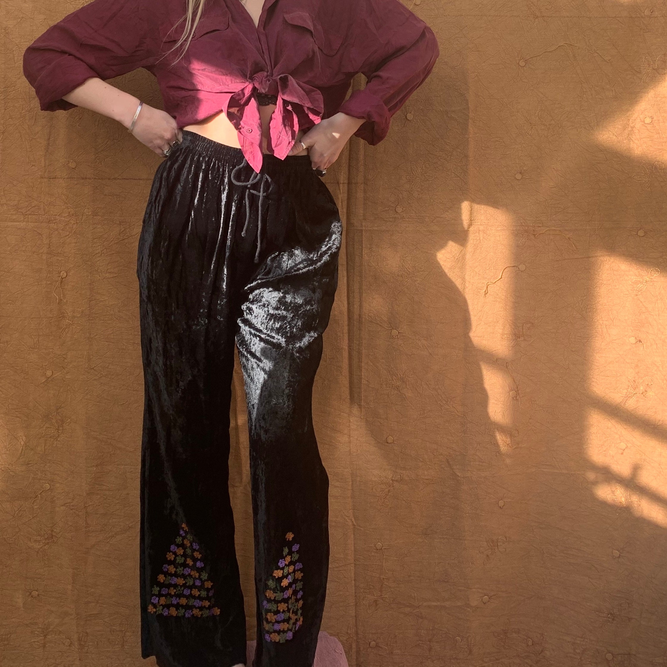 Velvet Wide Leg Floral Embroidered Trousers Silver – Portobello Vintage Market