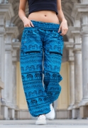 High Cut Harem Pants – Tribal Elephant Print – Bright Blue – One Size: Regular – The Karmic Chameleon