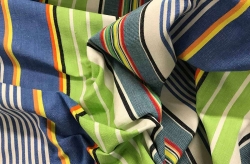 Striped Fabric denim blue, white, lime green stripes