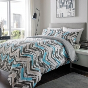 100% Brushed Cotton Duvet Set Chevron DOUBLE BLUE BEIGE